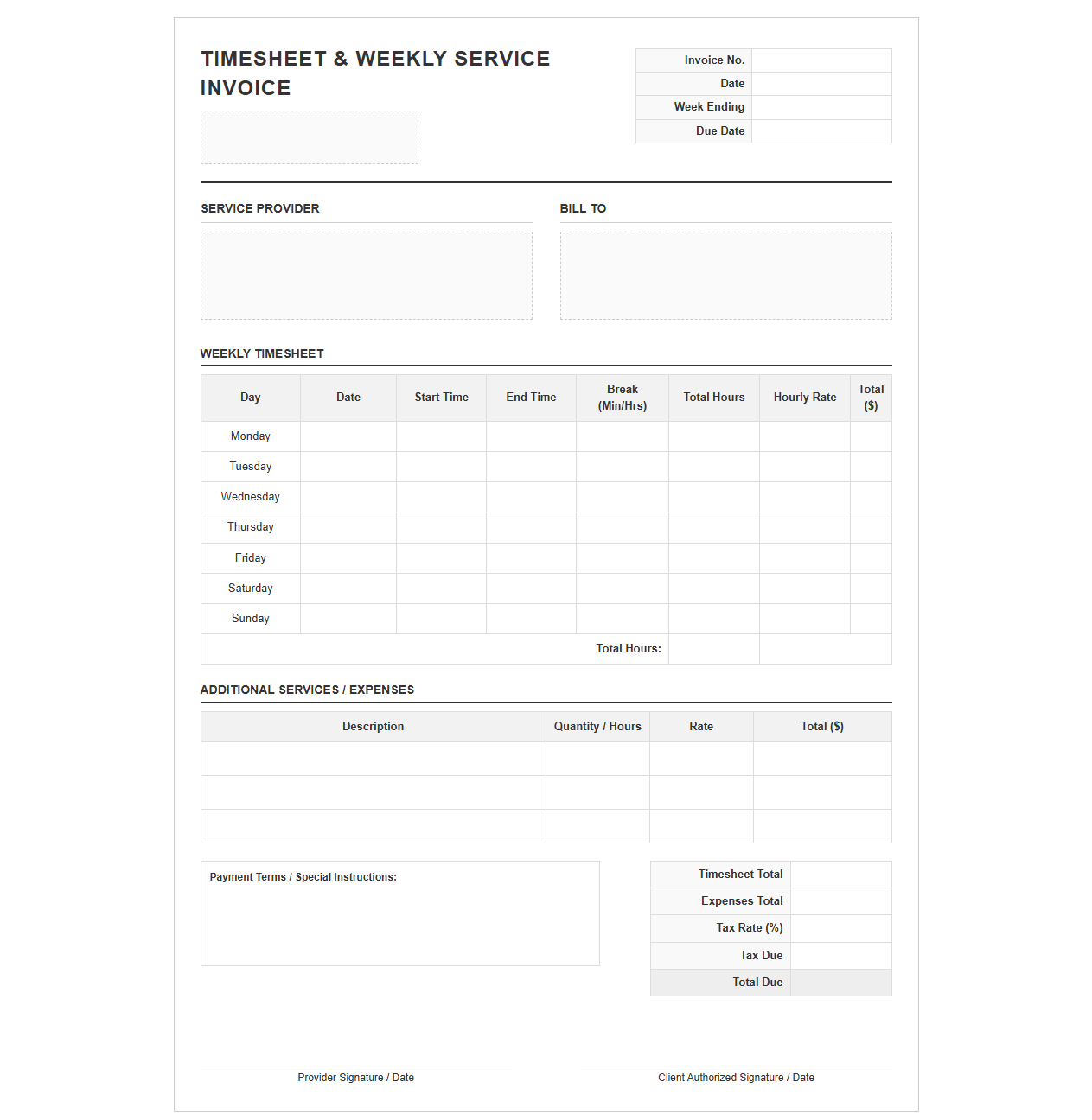 Timesheet and Weekly Service Invoice Template