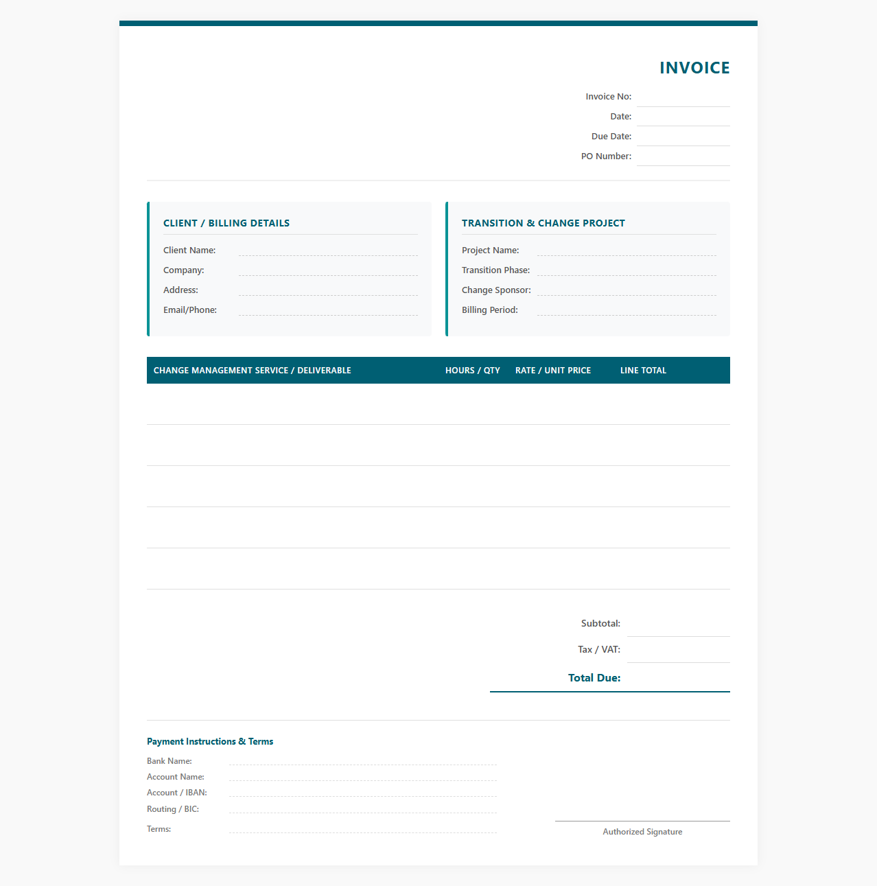 Transition Management Consulting Billing Template