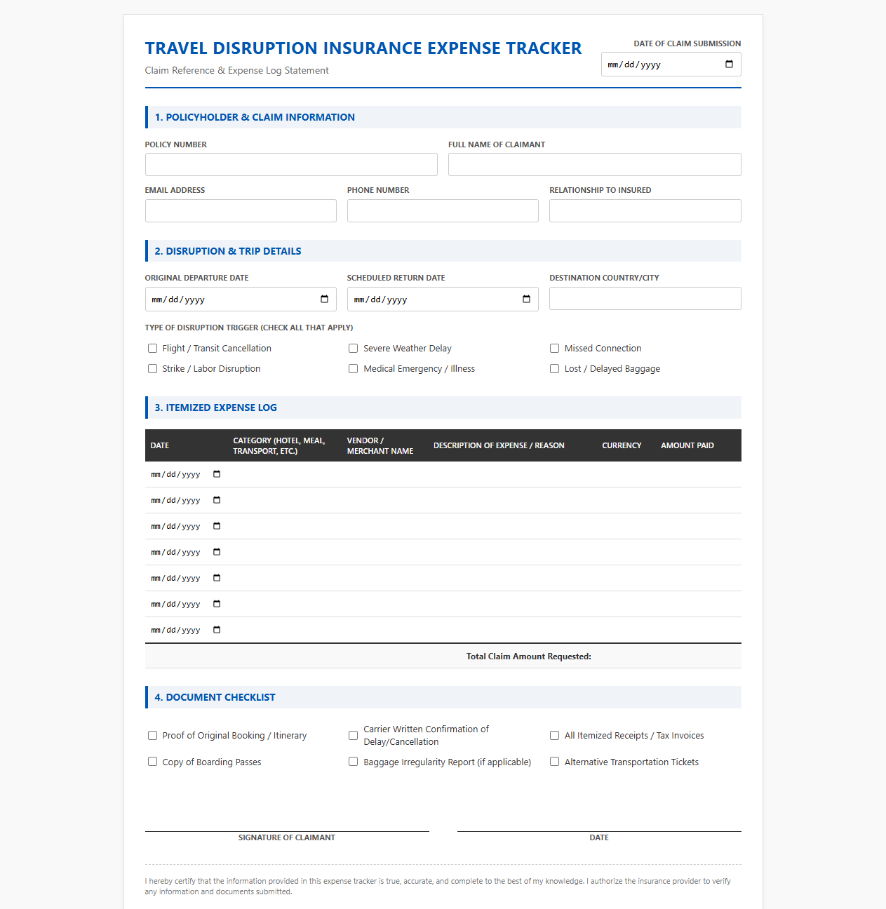 Travel Disruption Insurance Expense Tracker