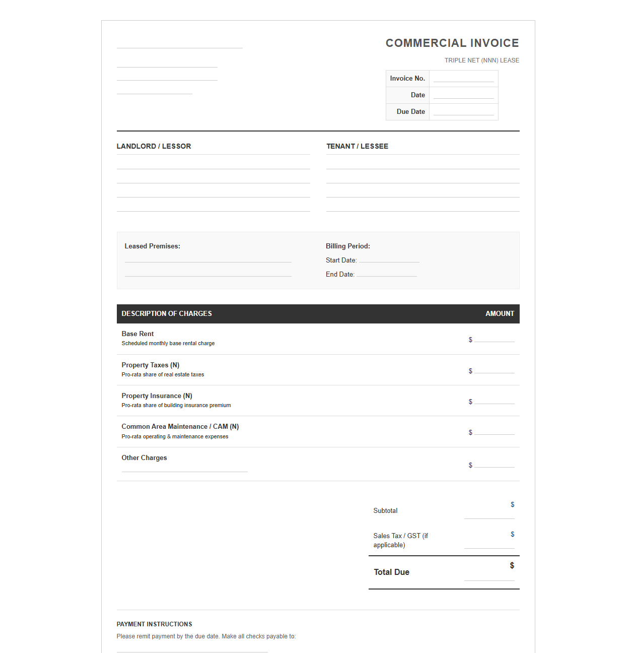 Triple Net Lease Commercial Invoice