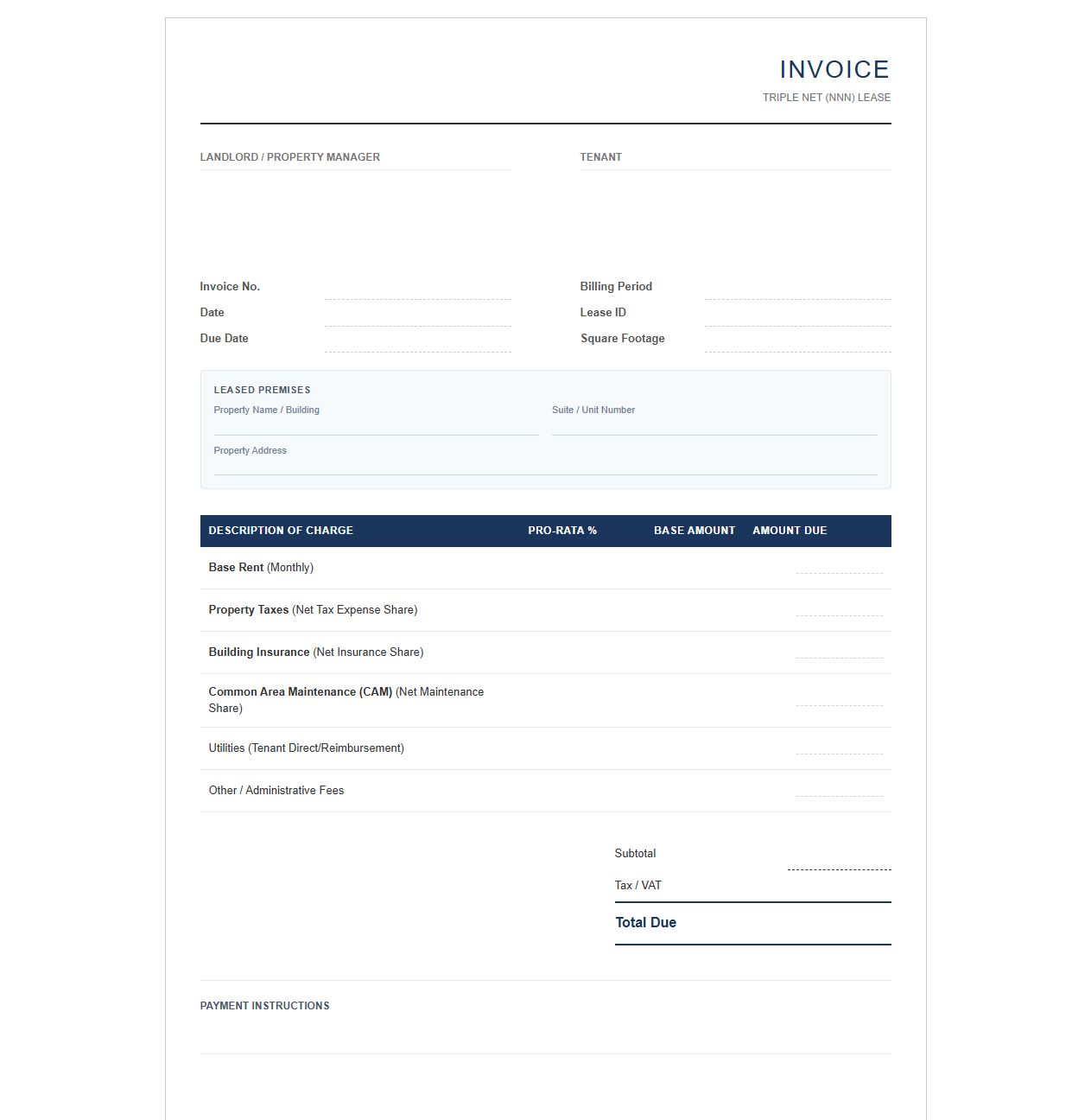 Triple Net Lease Commercial Invoice Template