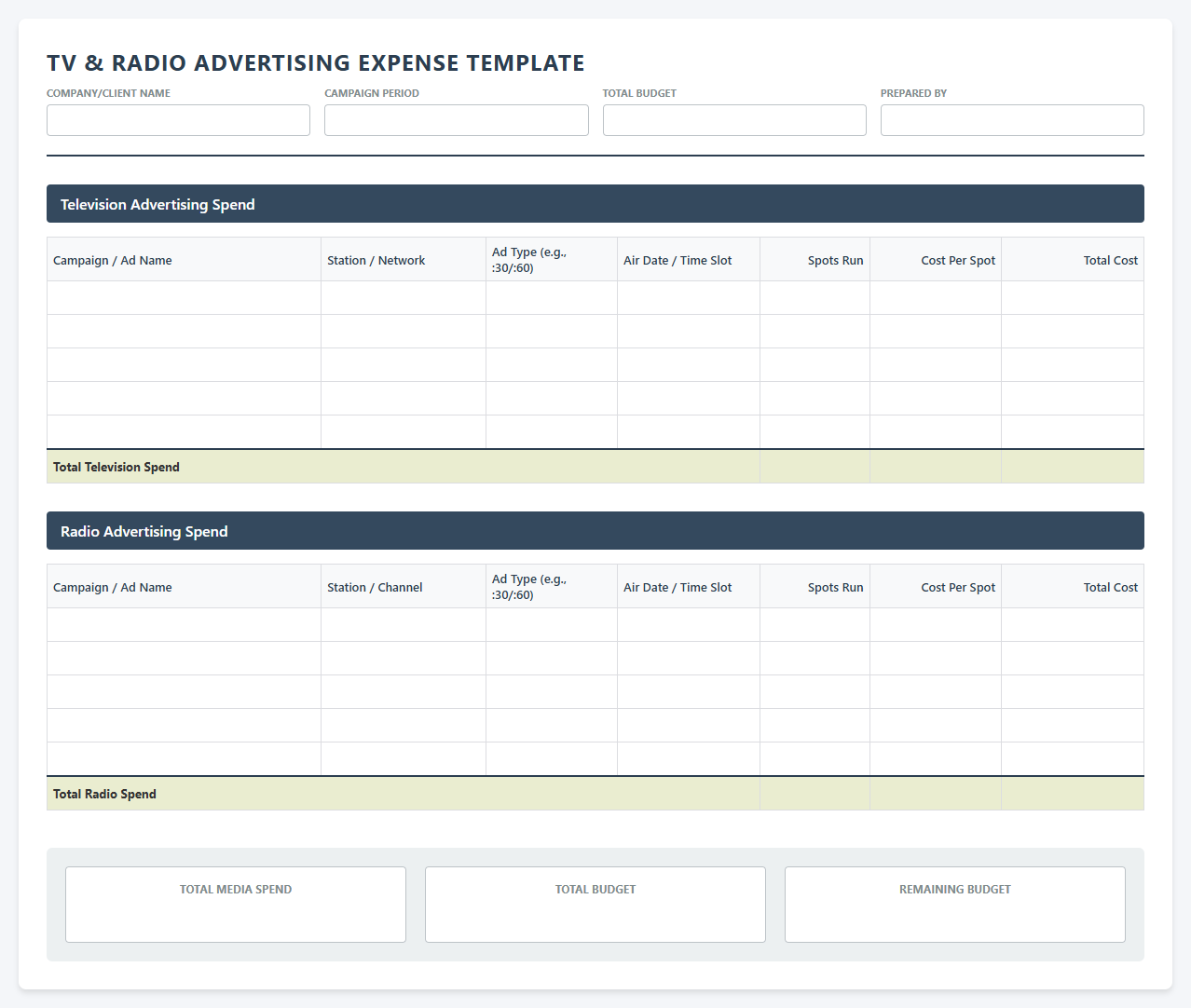TV and Radio Ad Spend Spreadsheet