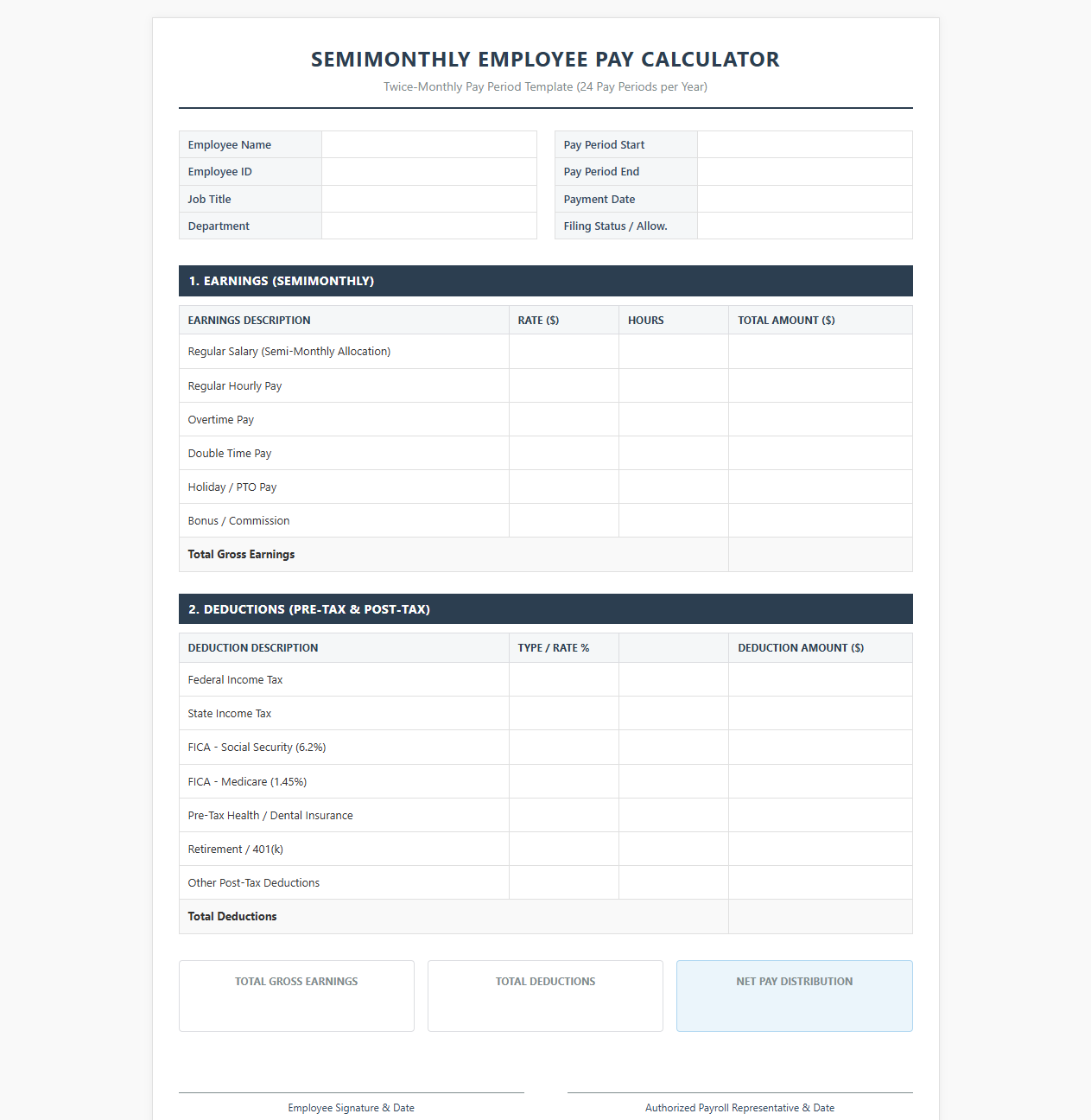 Twice-Monthly Employee Pay Calculator Template