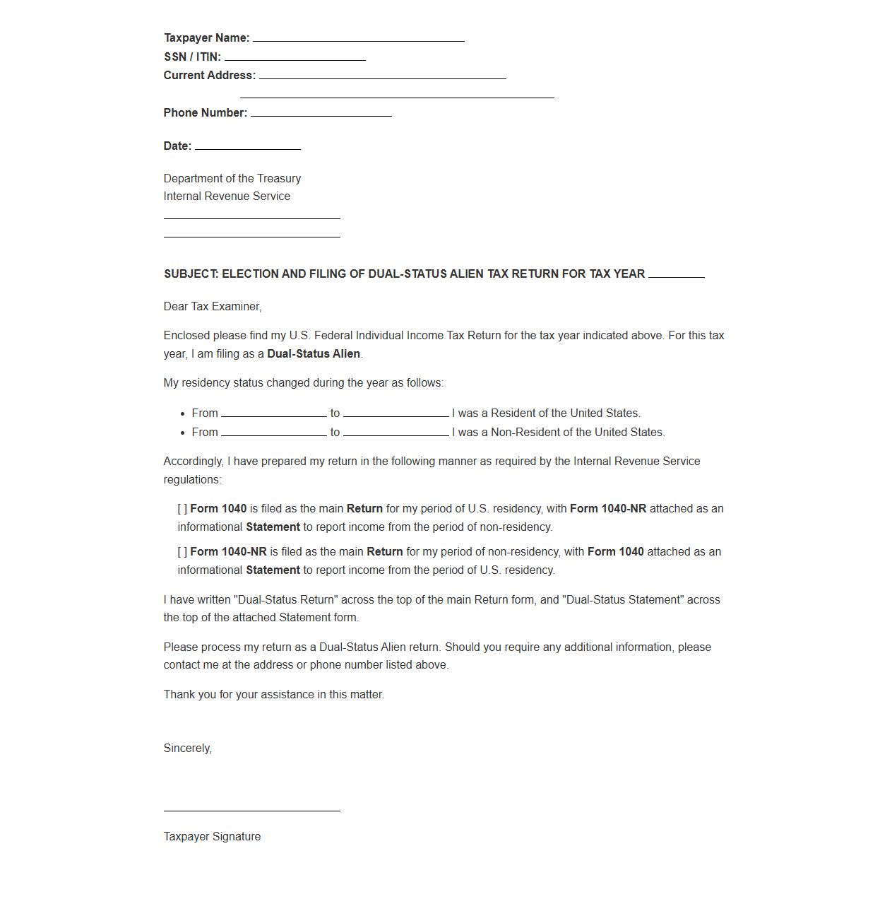 U.S. Dual-Status Alien Return Cover Letter Template
