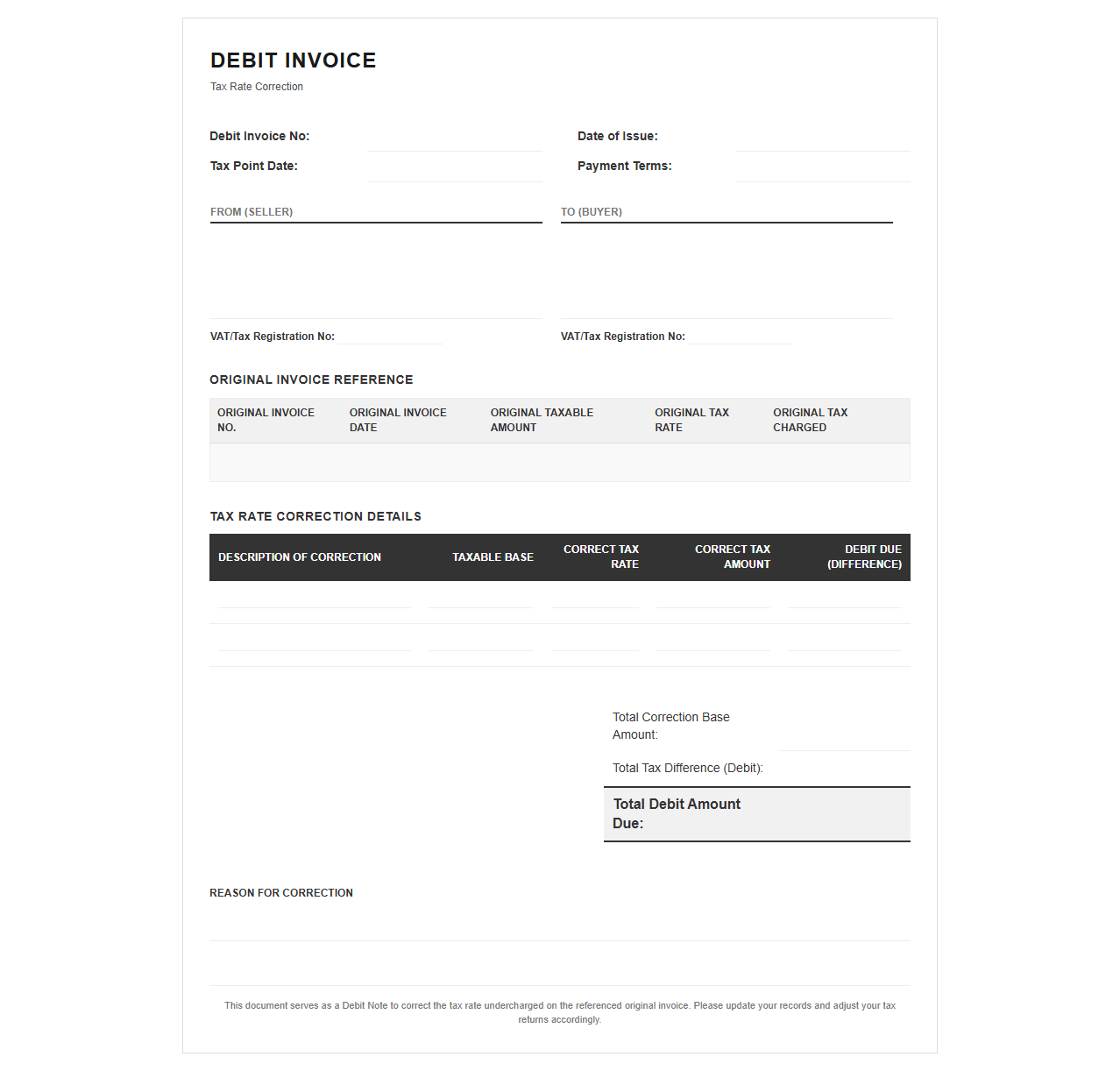 Undercharged Tax Correction Debit Invoice