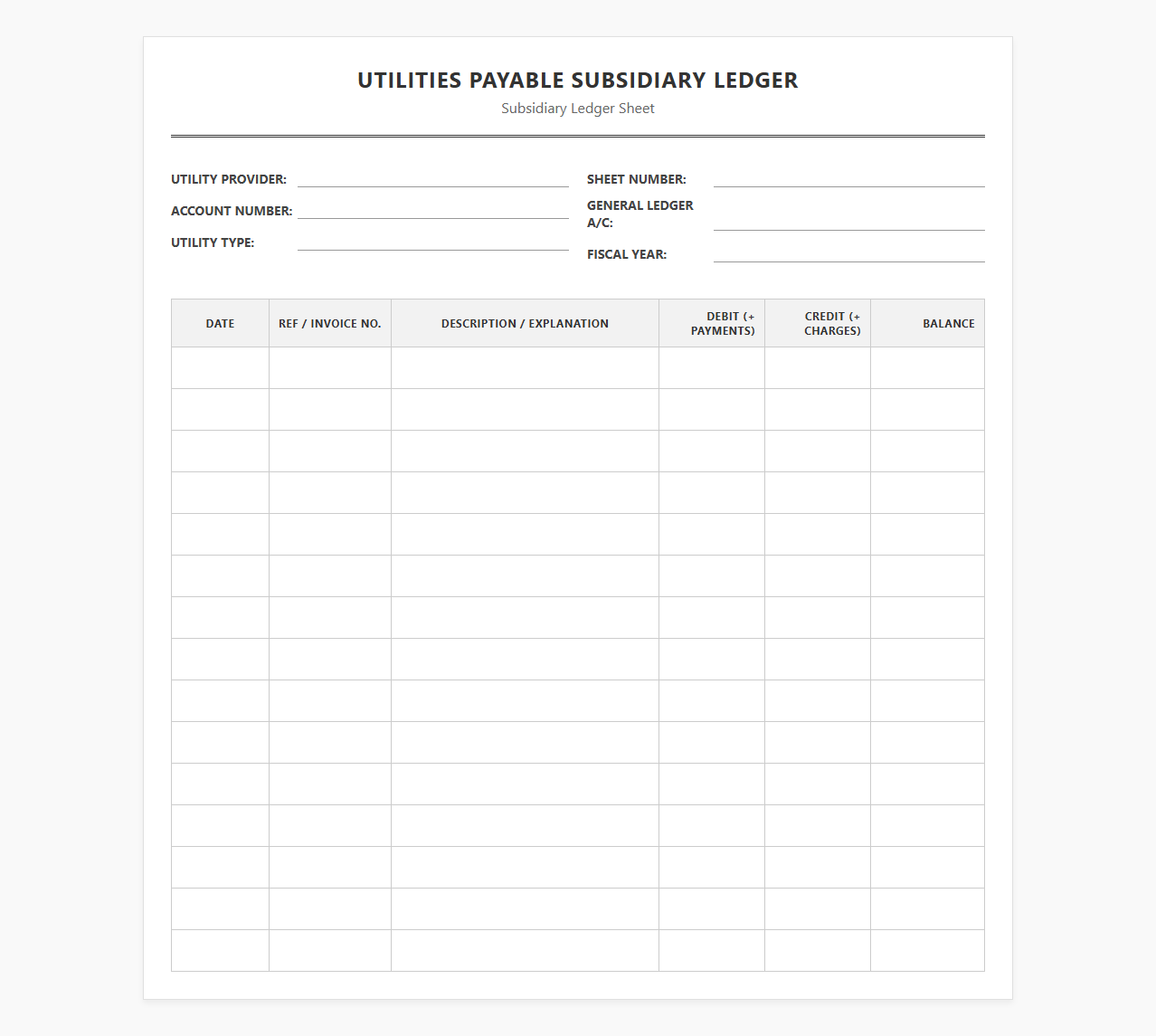 Utilities Payable Subsidiary Ledger Sheet