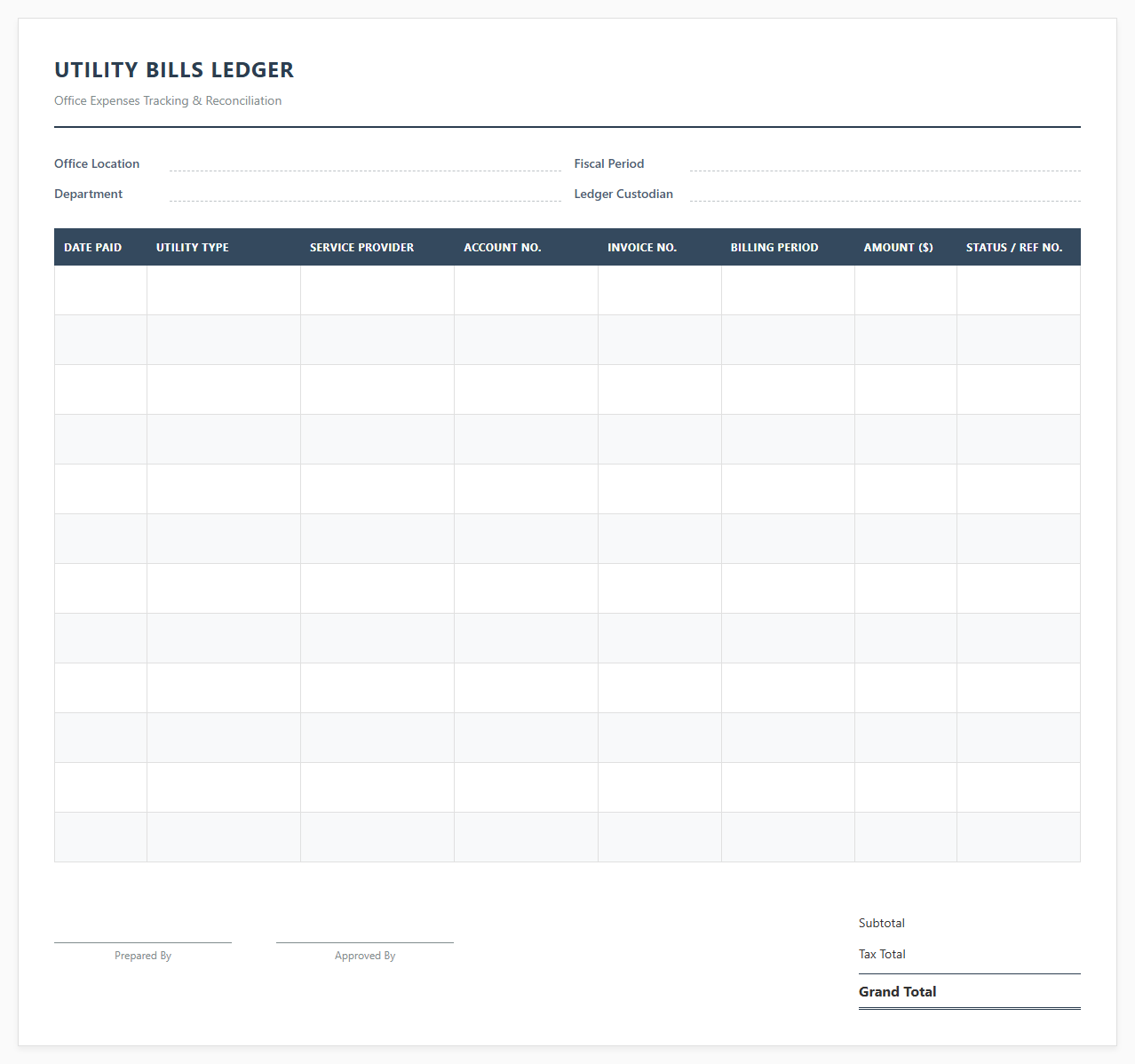 Utility Bills Ledger for Office Use