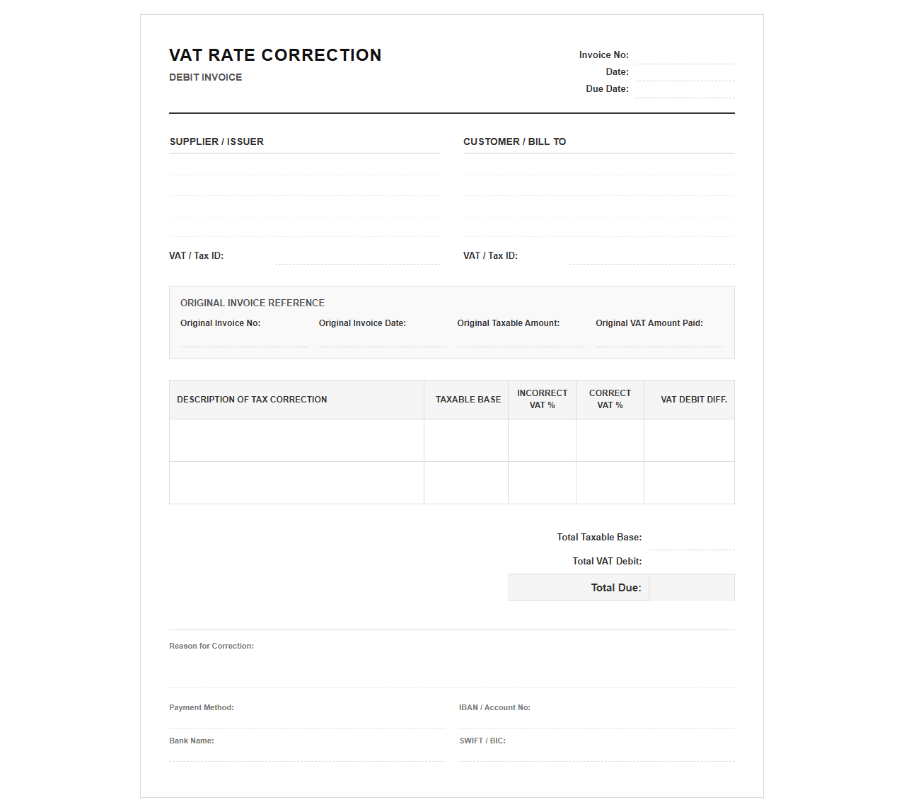 VAT Rate Correction Debit Invoice Template