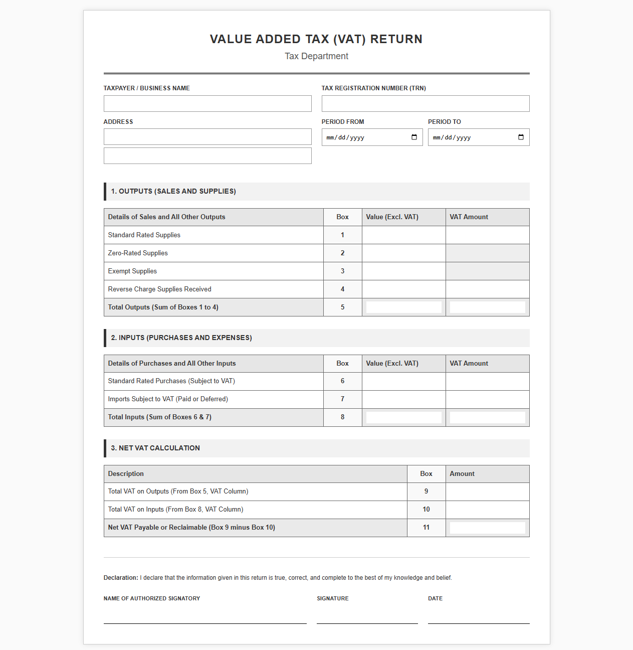 VAT Return Form Template