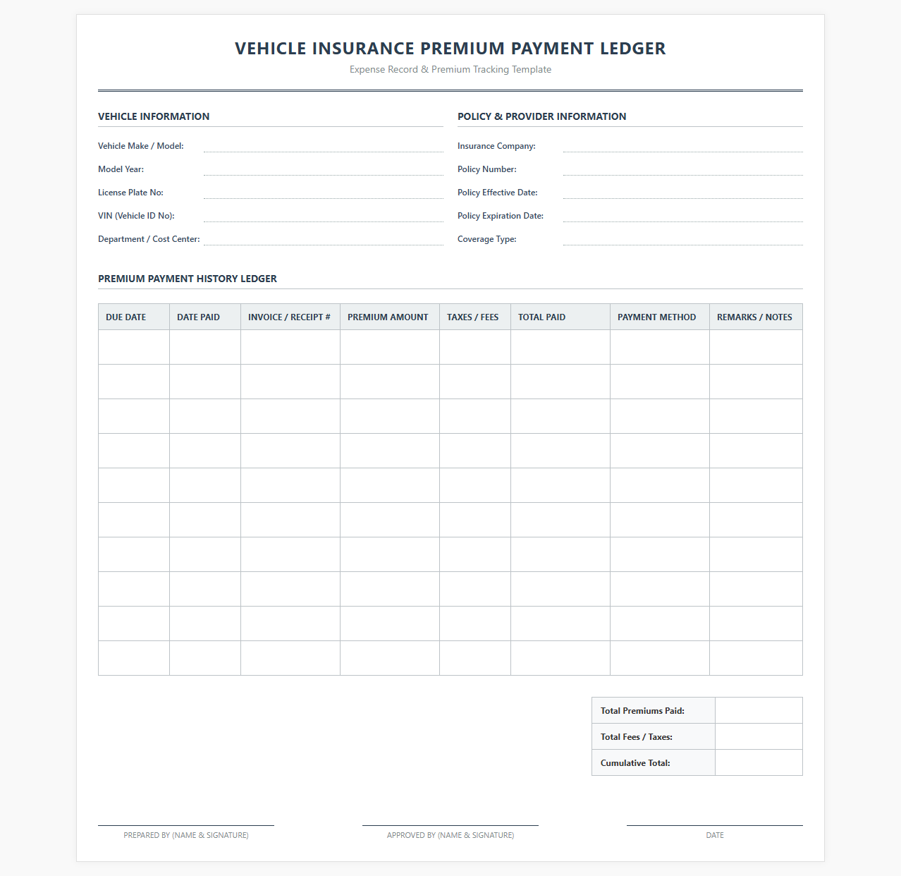Vehicle Insurance Premium Payment Ledger