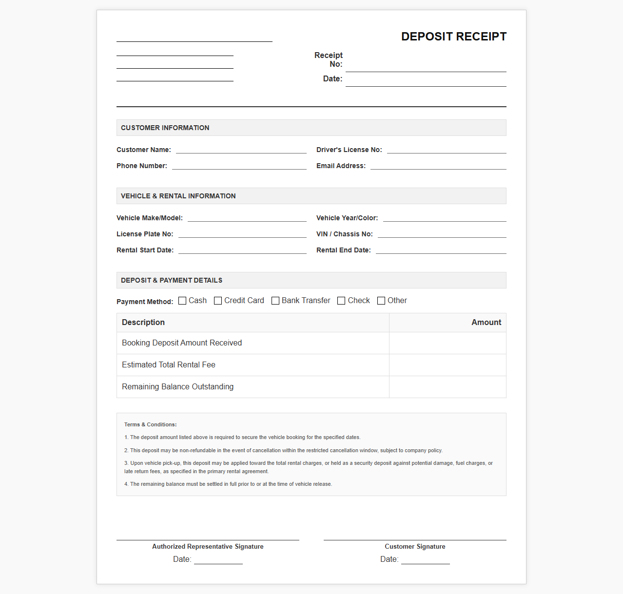 Vehicle Rental Booking Deposit Receipt