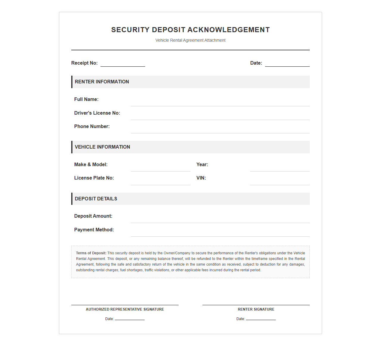 Vehicle Rental Security Deposit Acknowledgement