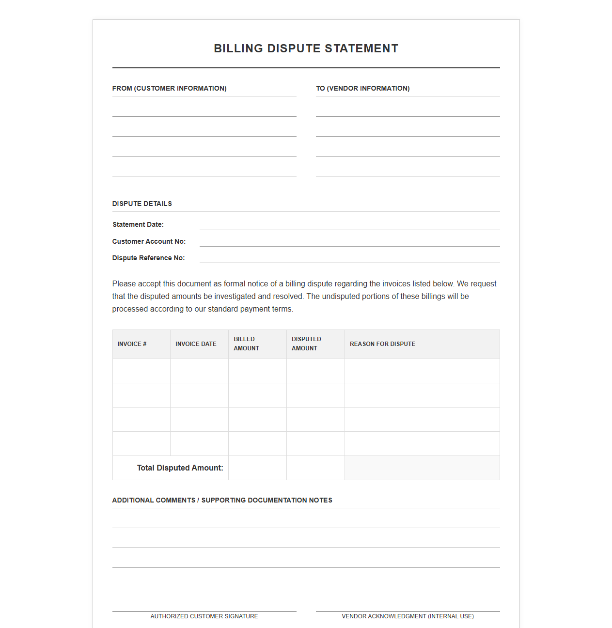 Vendor Billing Dispute Statement Letter