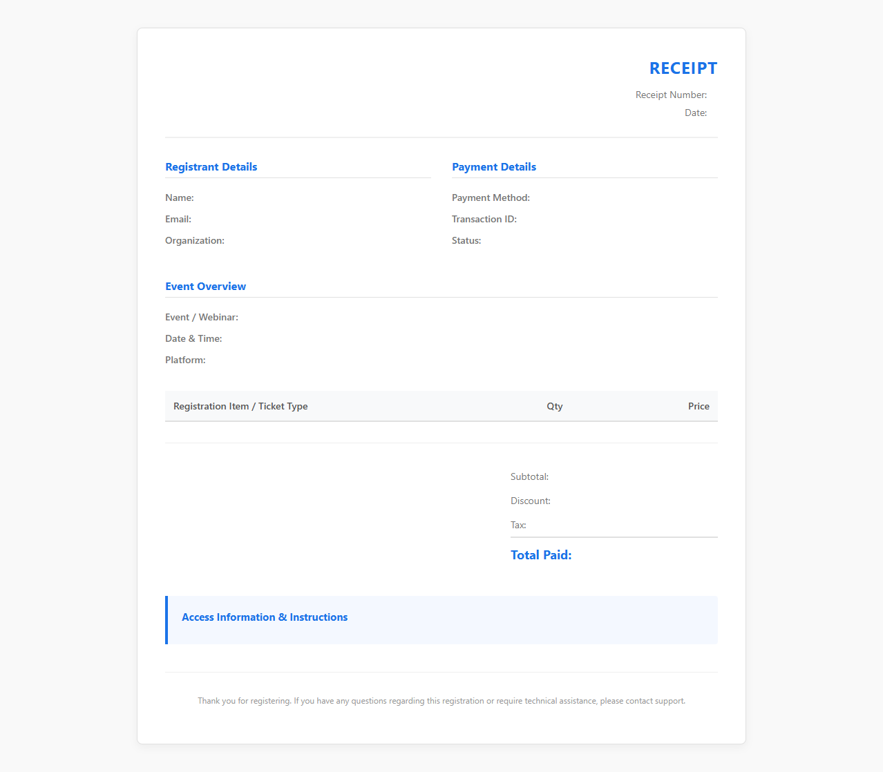 Virtual Event and Webinar Registration Receipt