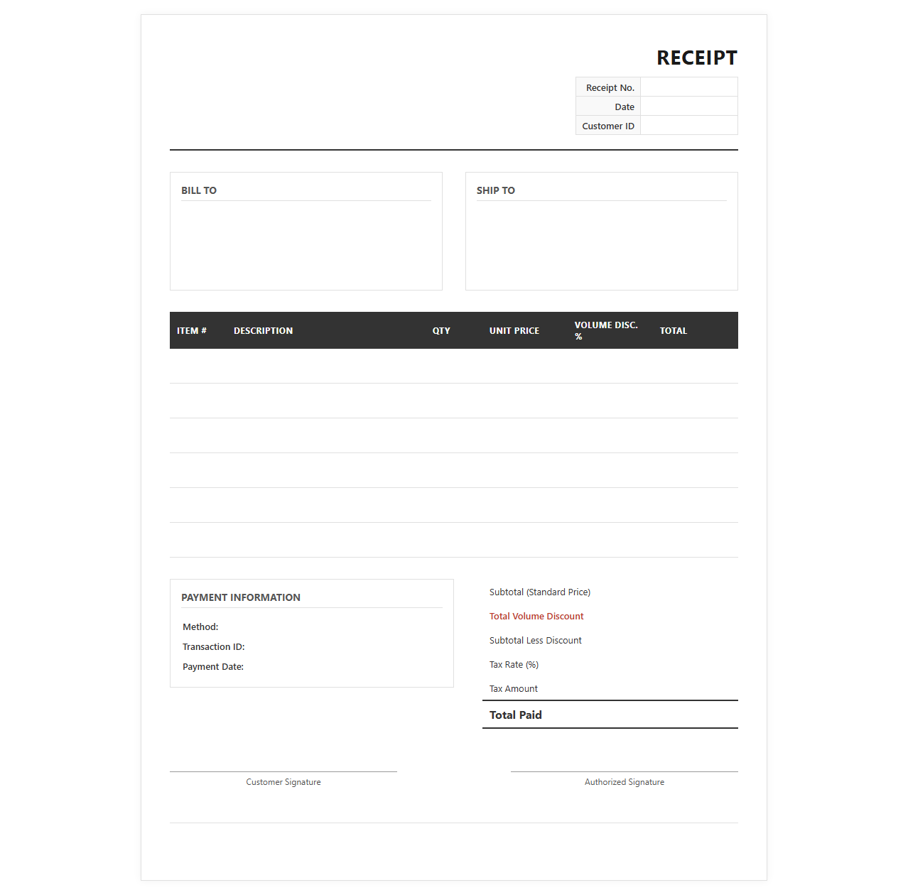 Volume Discount Sales Receipt Template