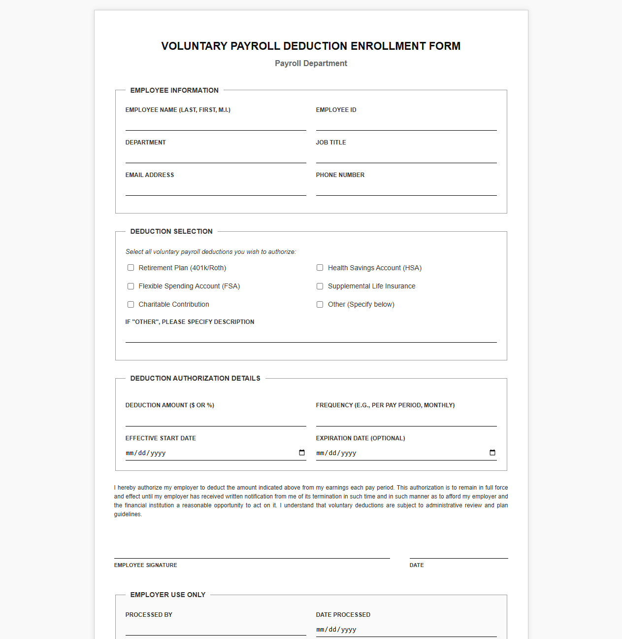 Voluntary Payroll Deduction Enrollment Form