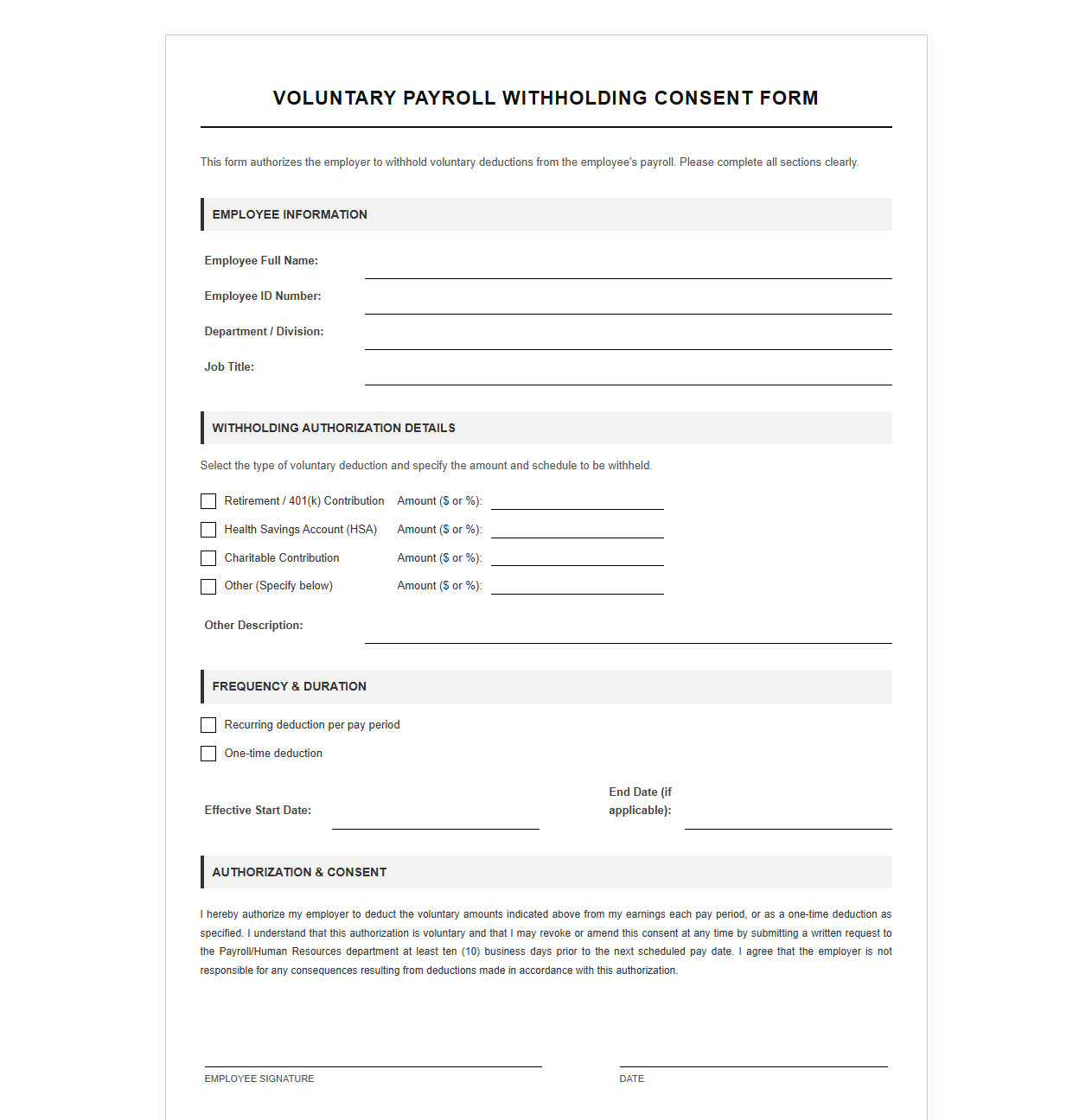 Voluntary Payroll Withholding Consent Form