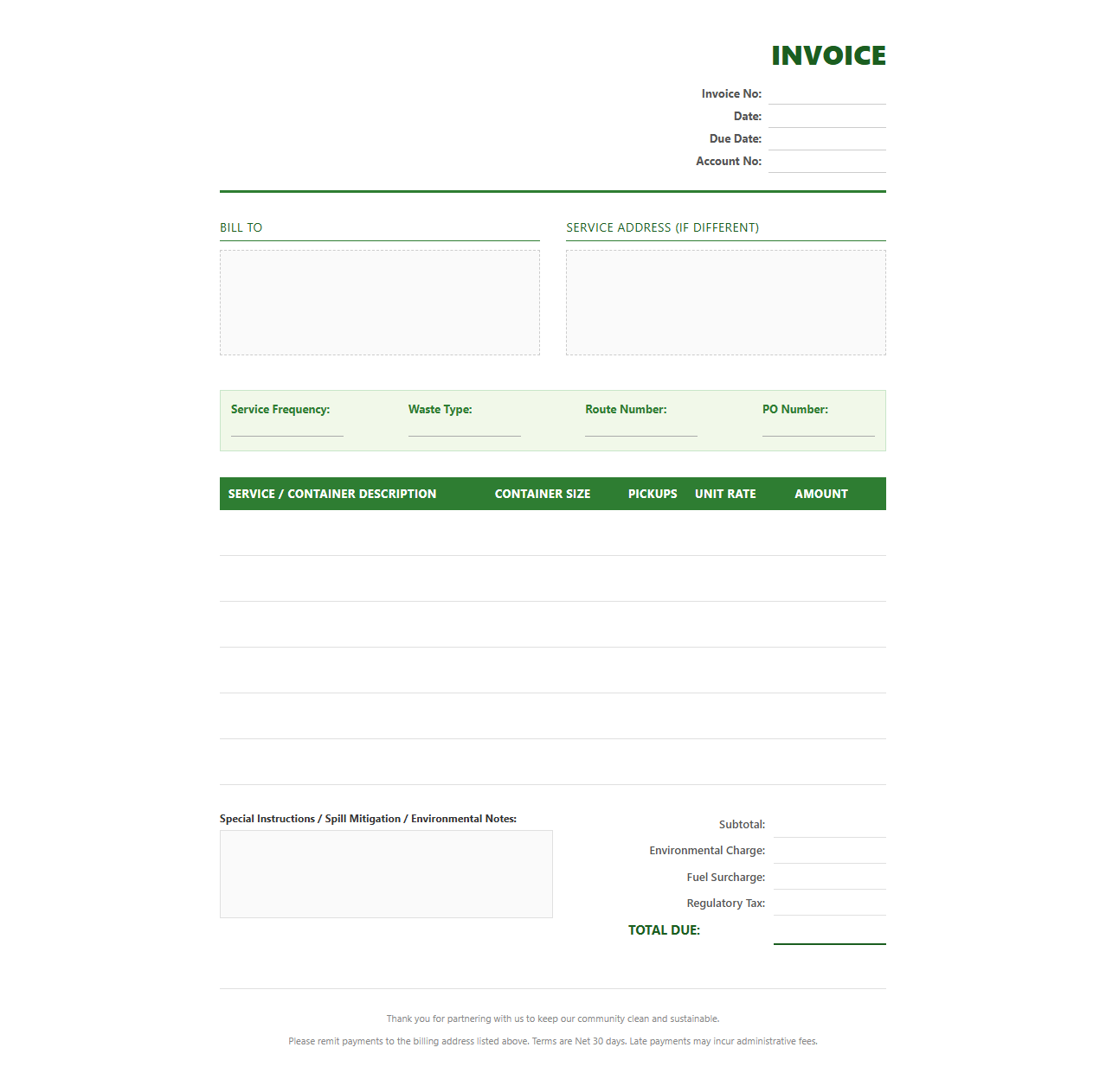 Waste Management Services Invoice for Businesses