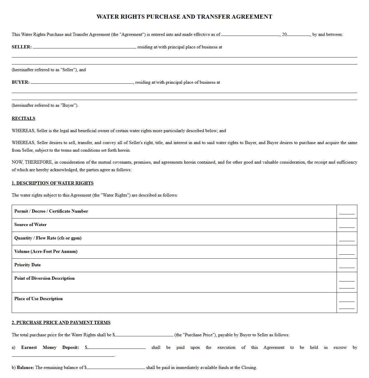 Water Rights Purchase and Transfer Agreement Template