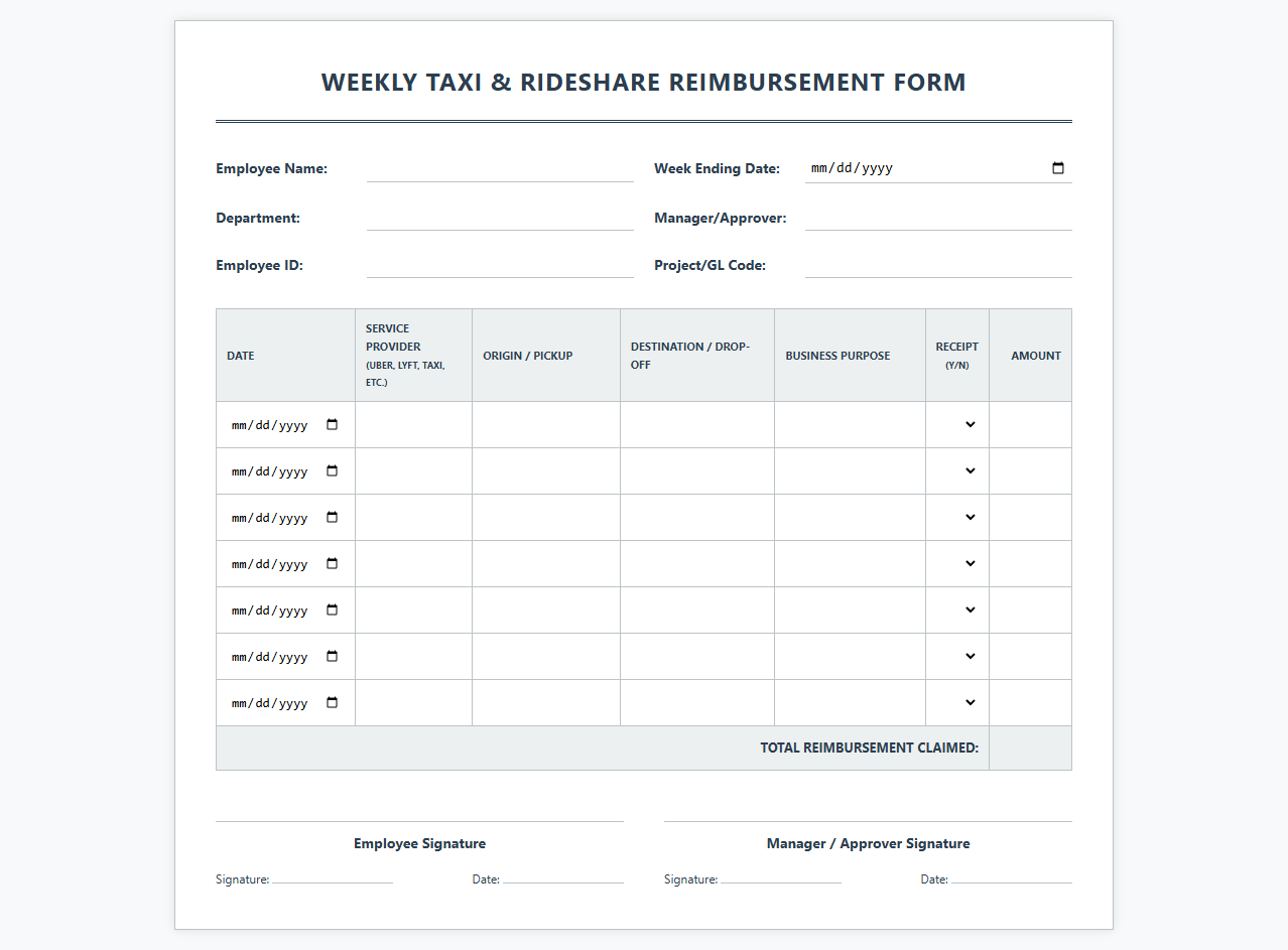 Weekly Taxi and Rideshare Reimbursement Form