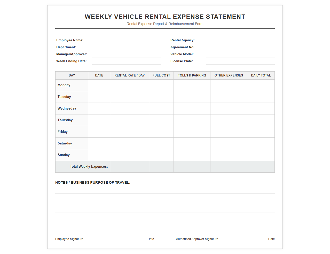 Weekly Vehicle Rental Expense Statement
