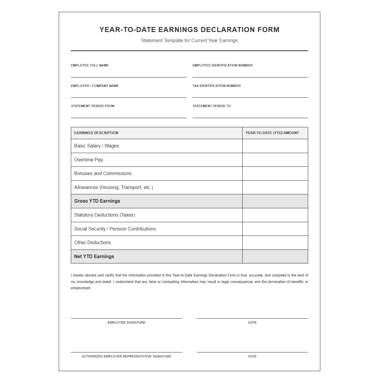Year-to-Date Earnings Declaration Form