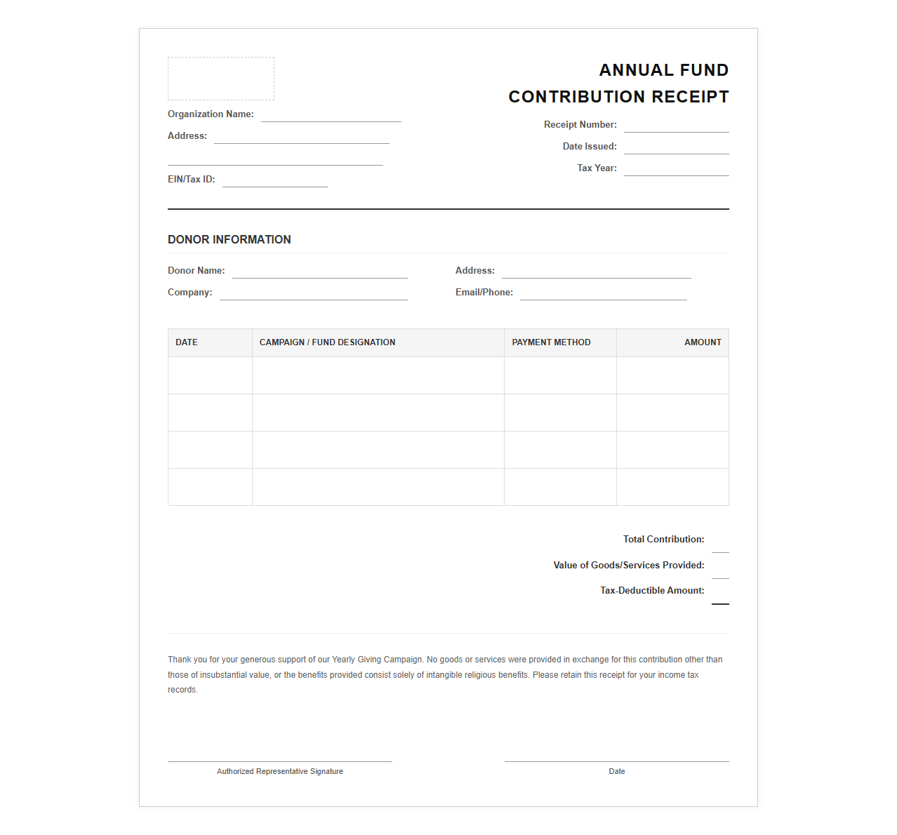 Yearly Giving Campaign Receipt Template