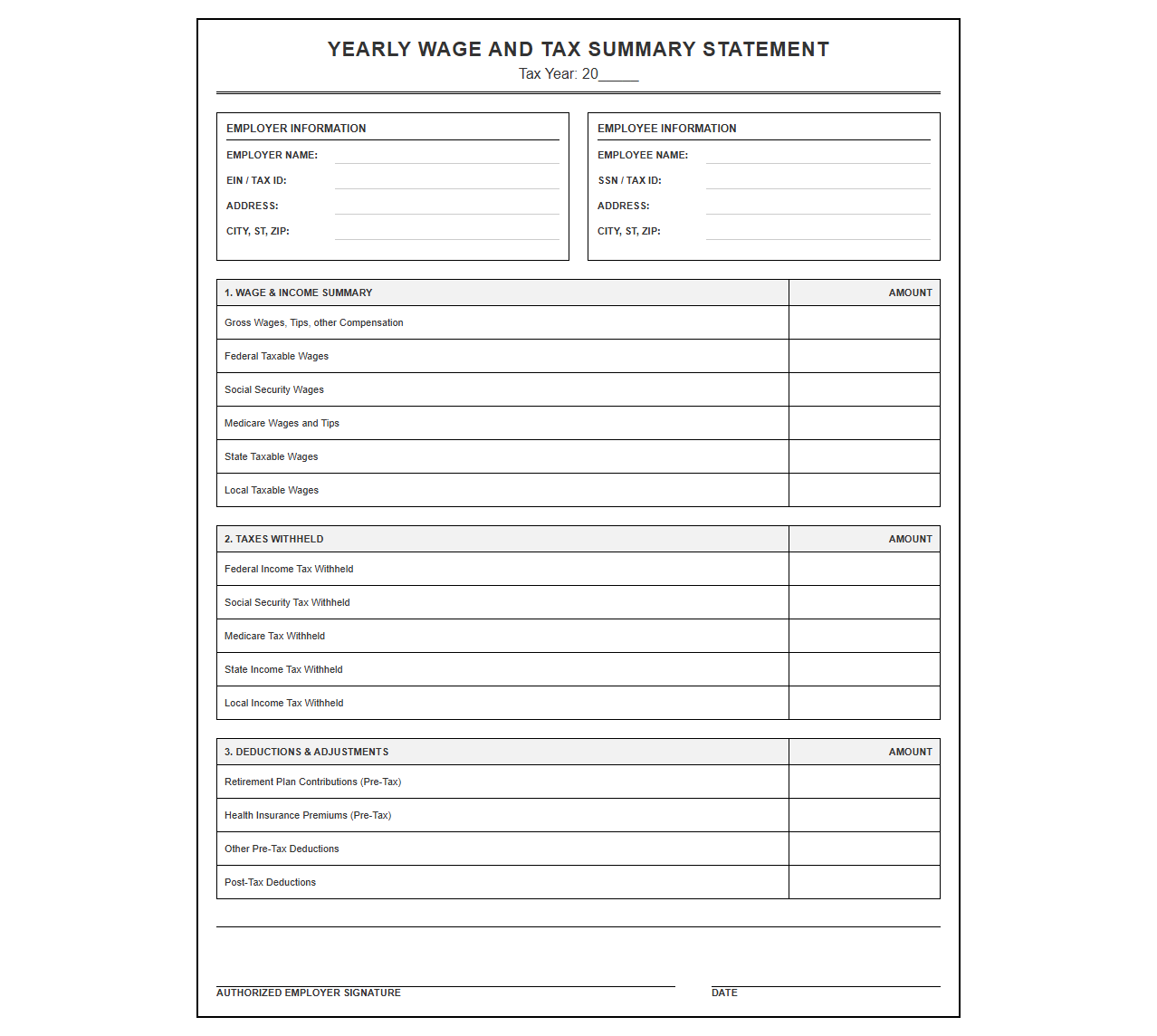 Yearly Wage and Tax Summary Statement Template