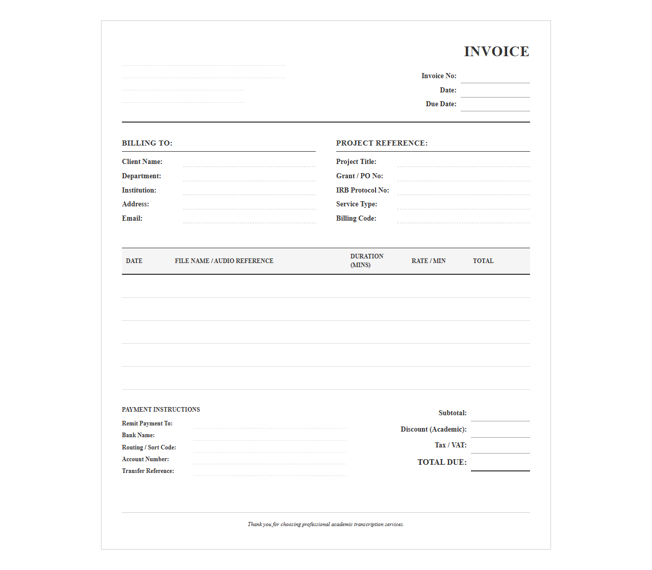 Academic Transcription Services Billing Template