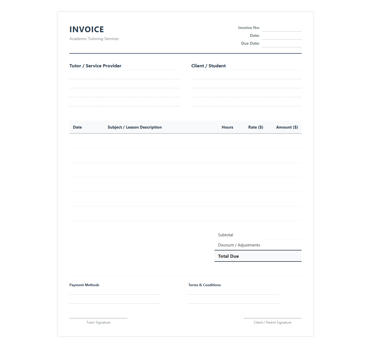 Academic Tutoring Service Invoice Template