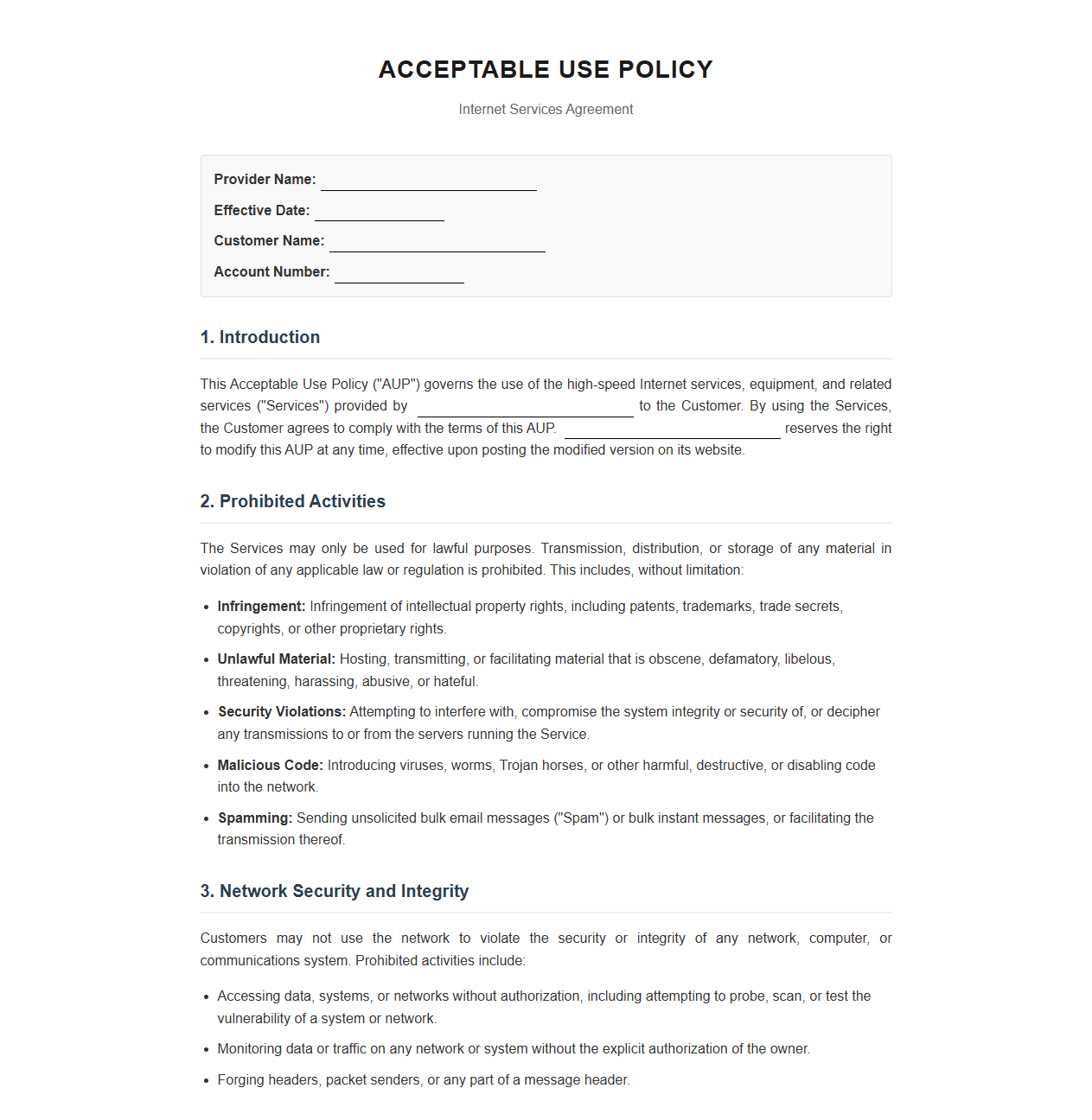 Acceptable Use Policy for Internet Service