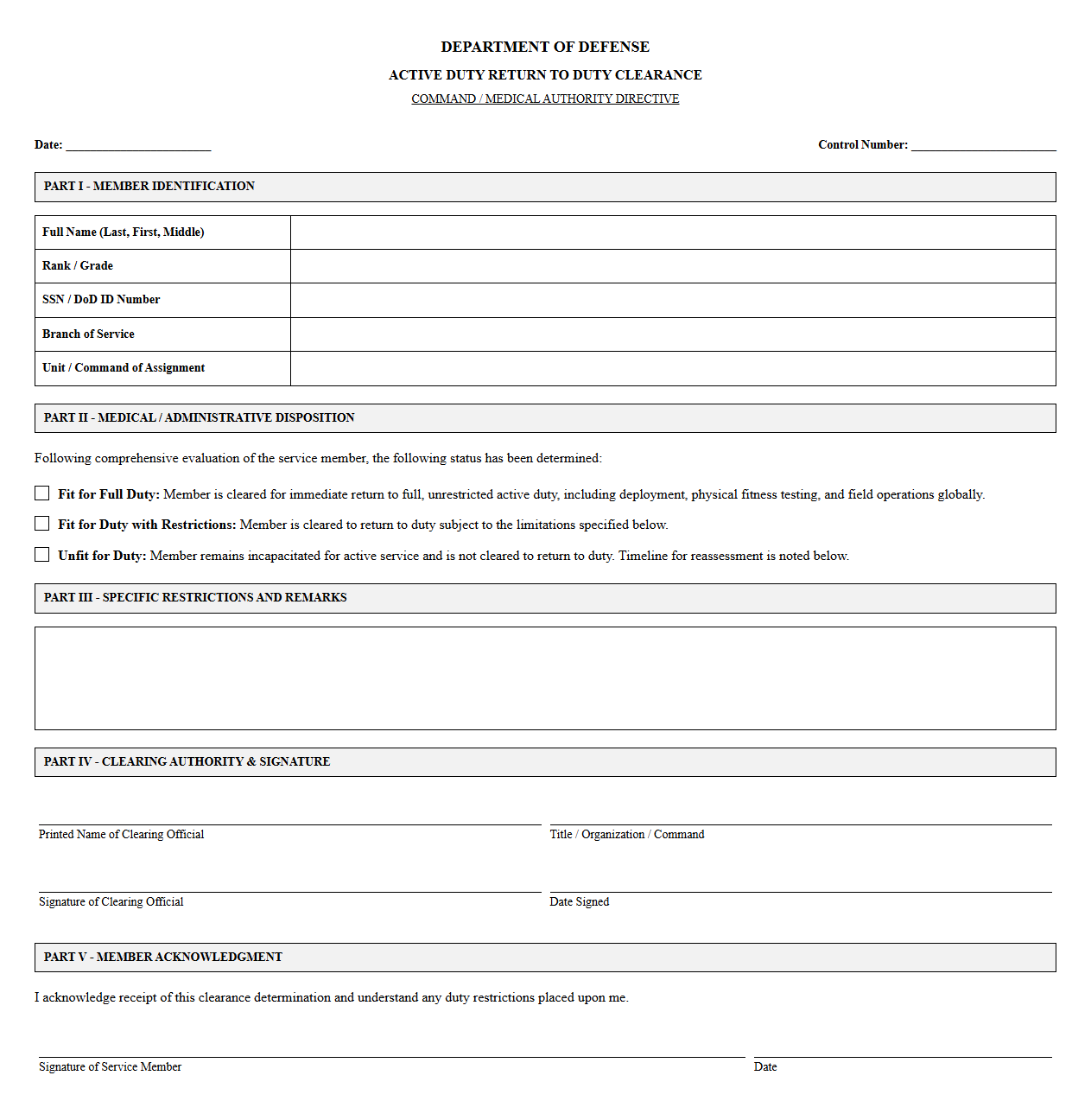 Active Duty Military Personnel Return Clearance Template