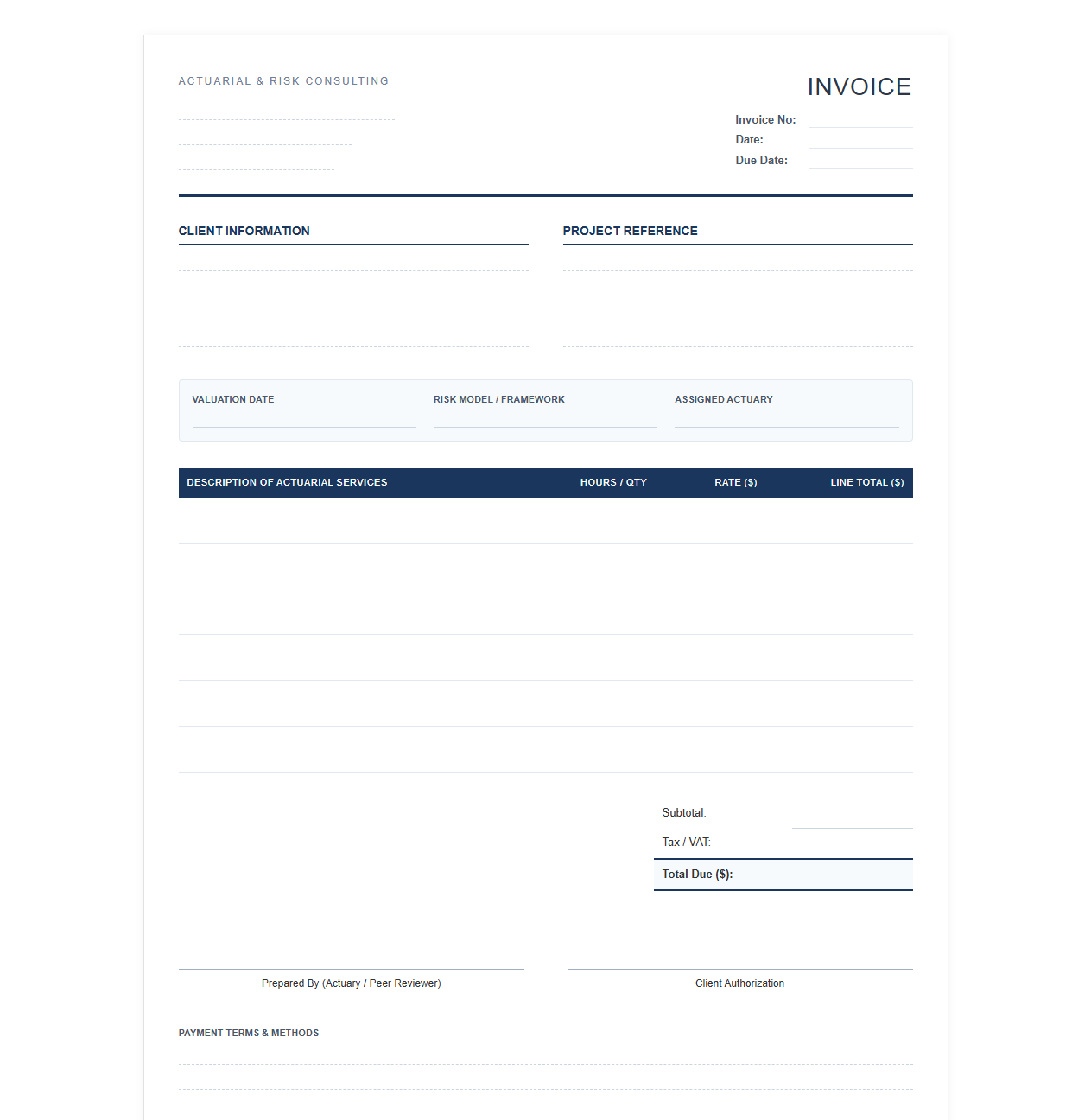 Actuarial Risk Assessment Invoice Template