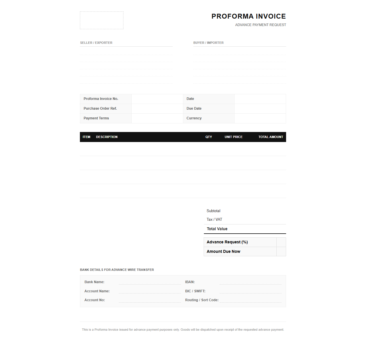 Advance Payment Proforma Invoice Template