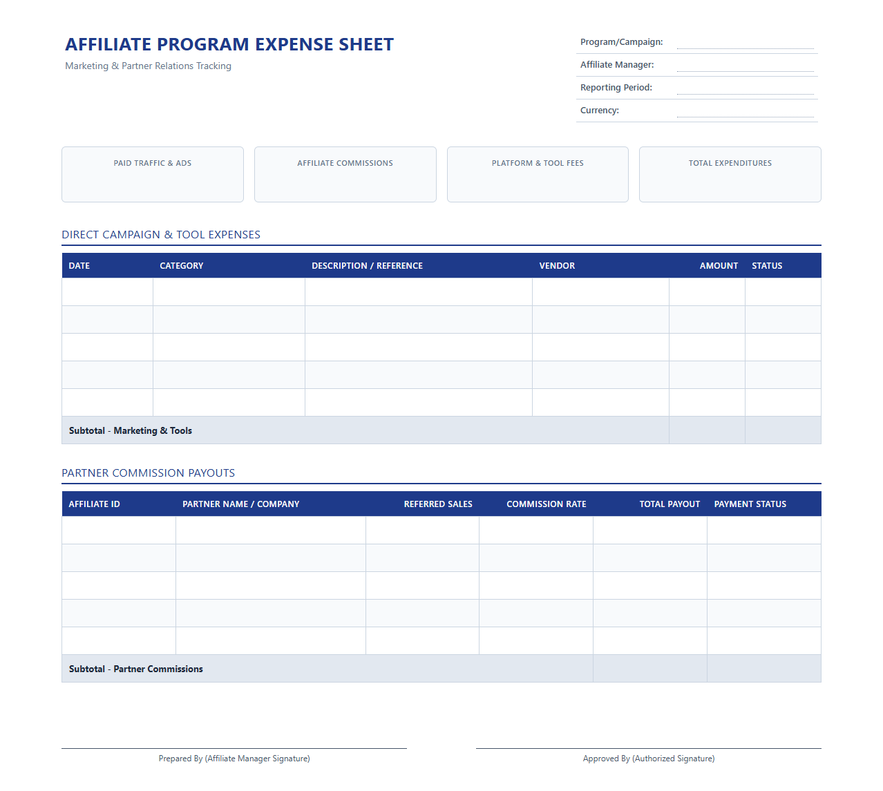 Affiliate Partner Program Expense Sheet