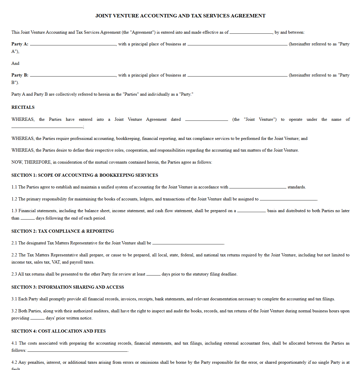 Agreement for Joint Venture Accounting and Tax Services