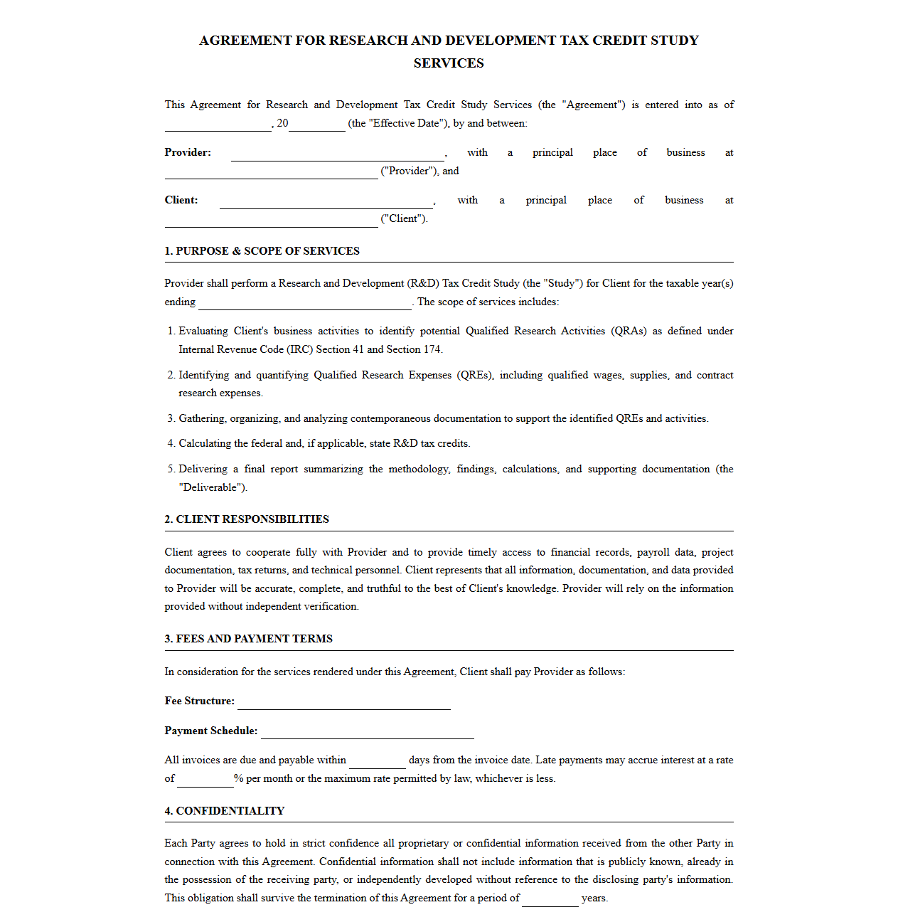 Agreement for R&D Tax Incentive Study Services
