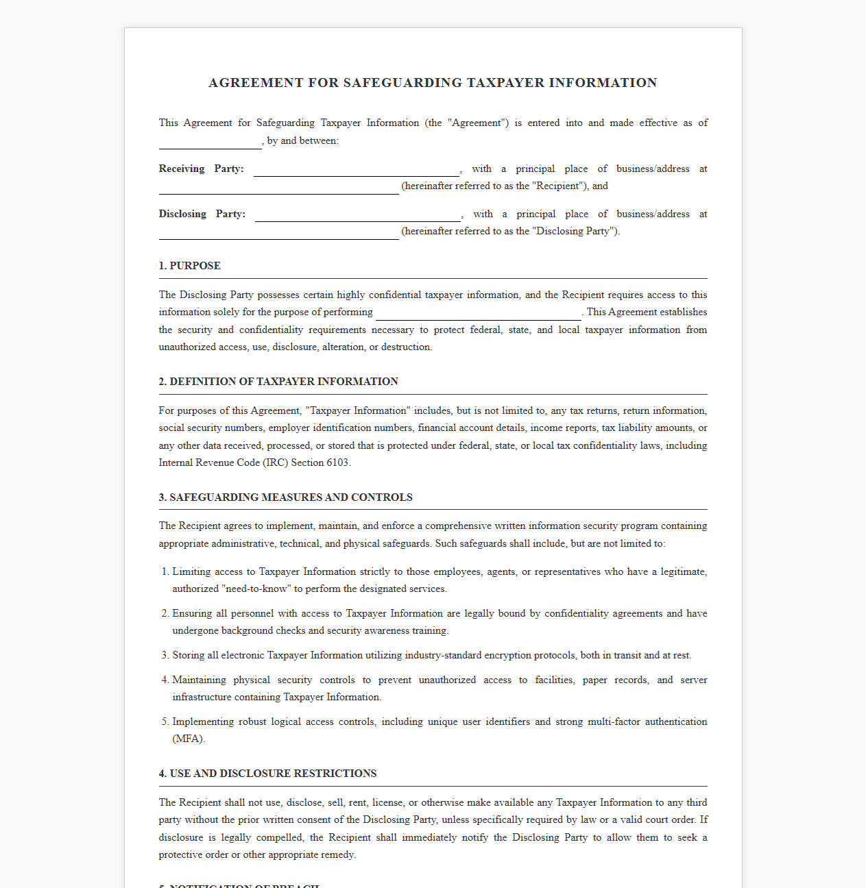 Agreement for Safeguarding Taxpayer Information