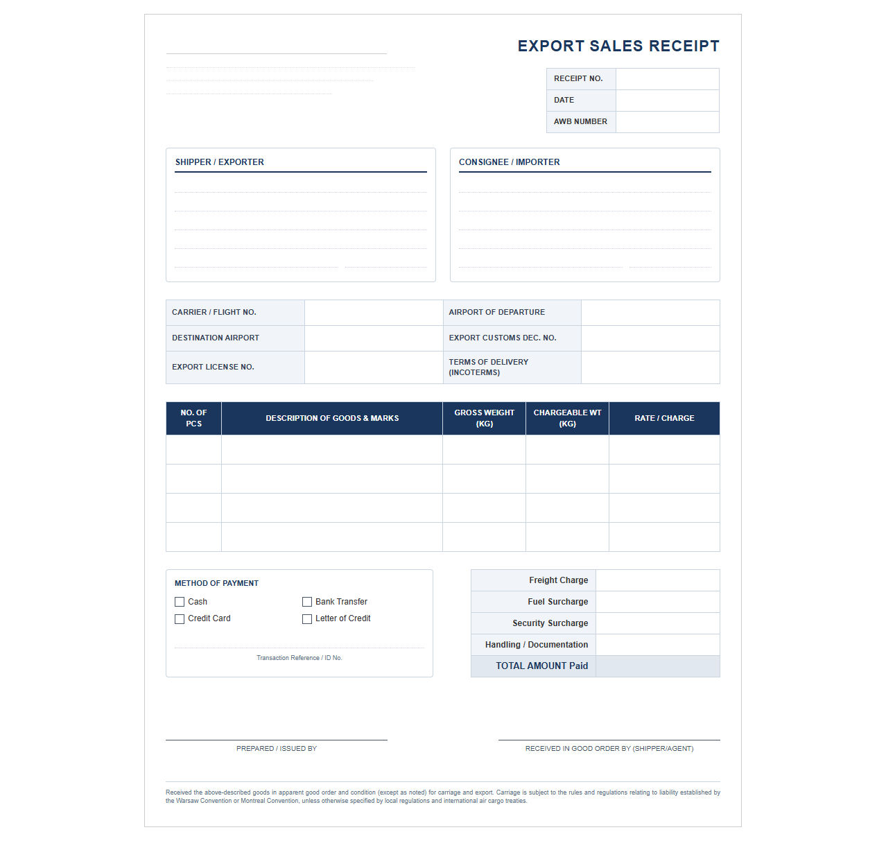 Air Cargo Export Sales Receipt