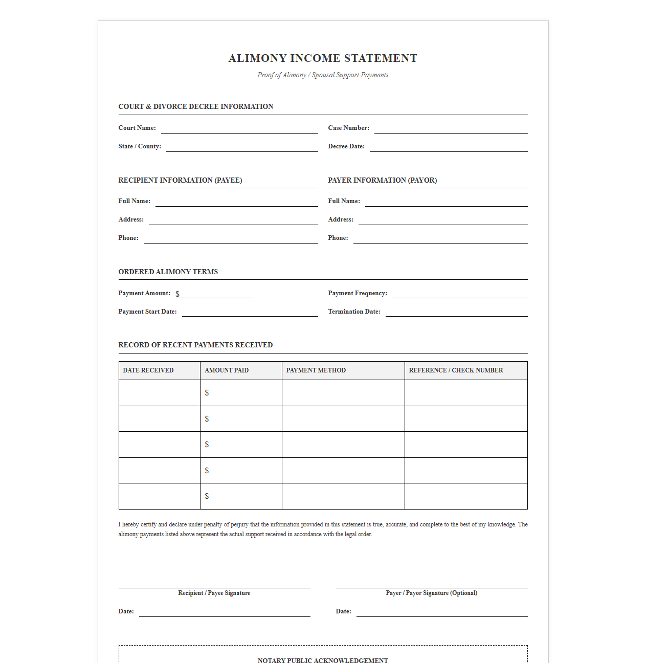 Alimony Payment Proof Statement Template