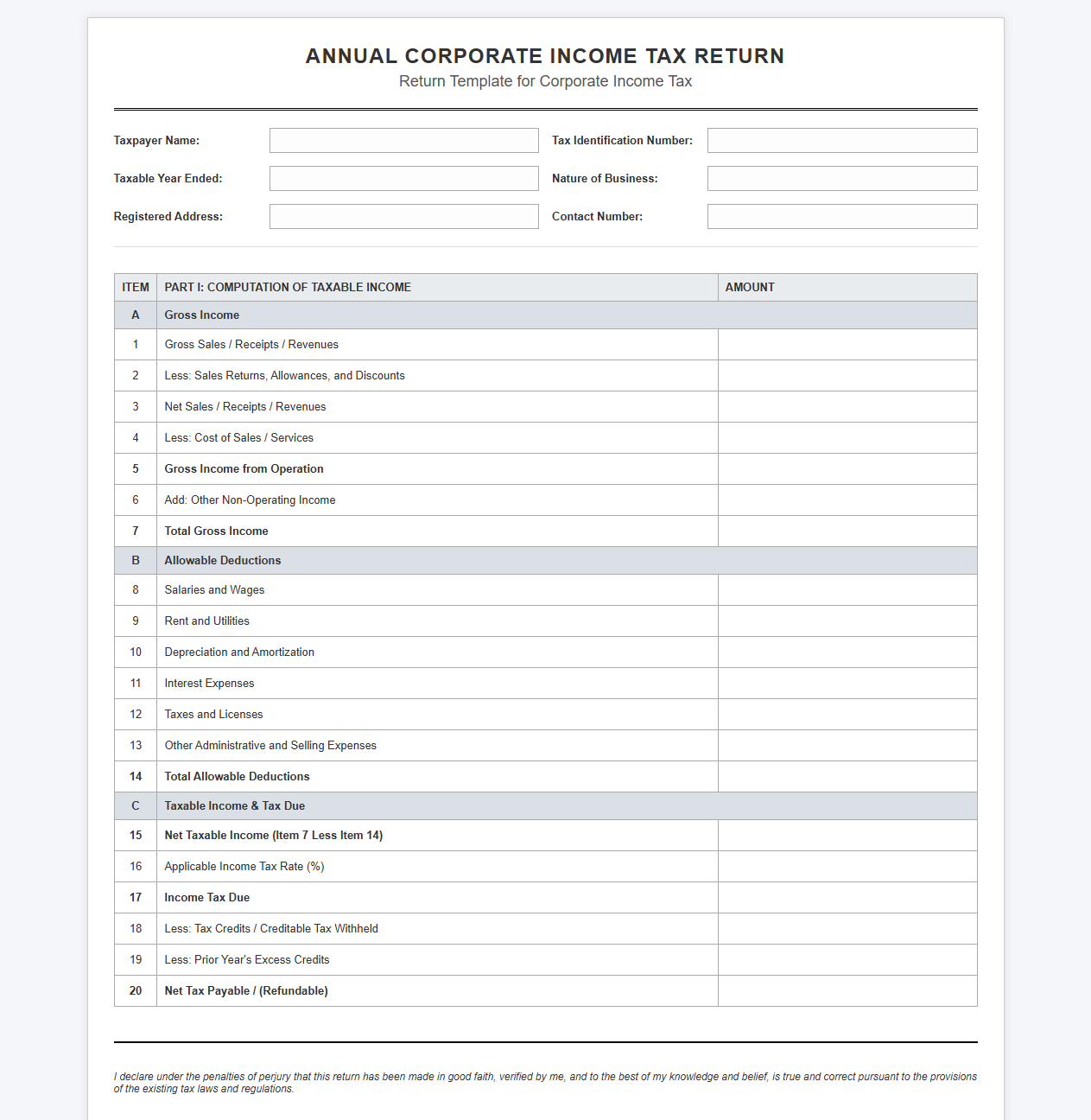 Annual Business Tax Return Spreadsheet
