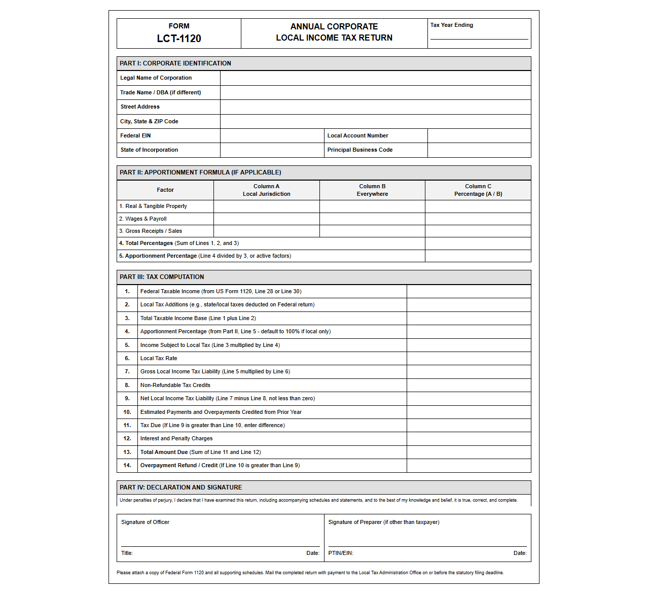 Annual Corporate Local Income Tax Return Template