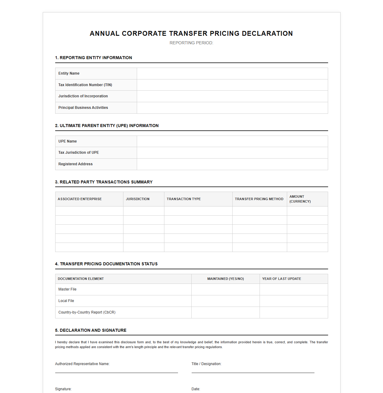 Annual Corporate Transfer Pricing Declaration Template