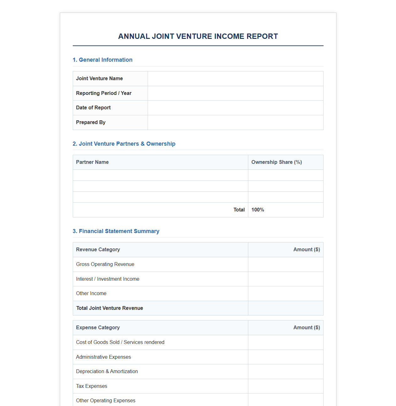 Annual Joint Venture Income Reporting Template