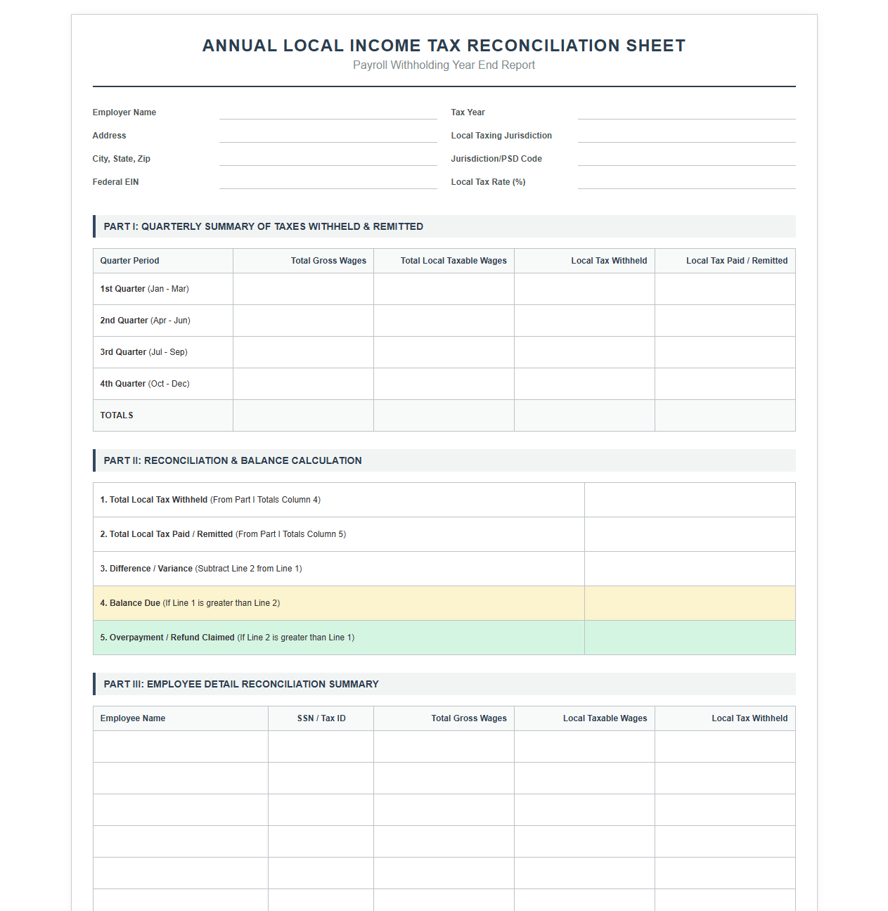 Annual Local Income Tax Reconciliation Sheet