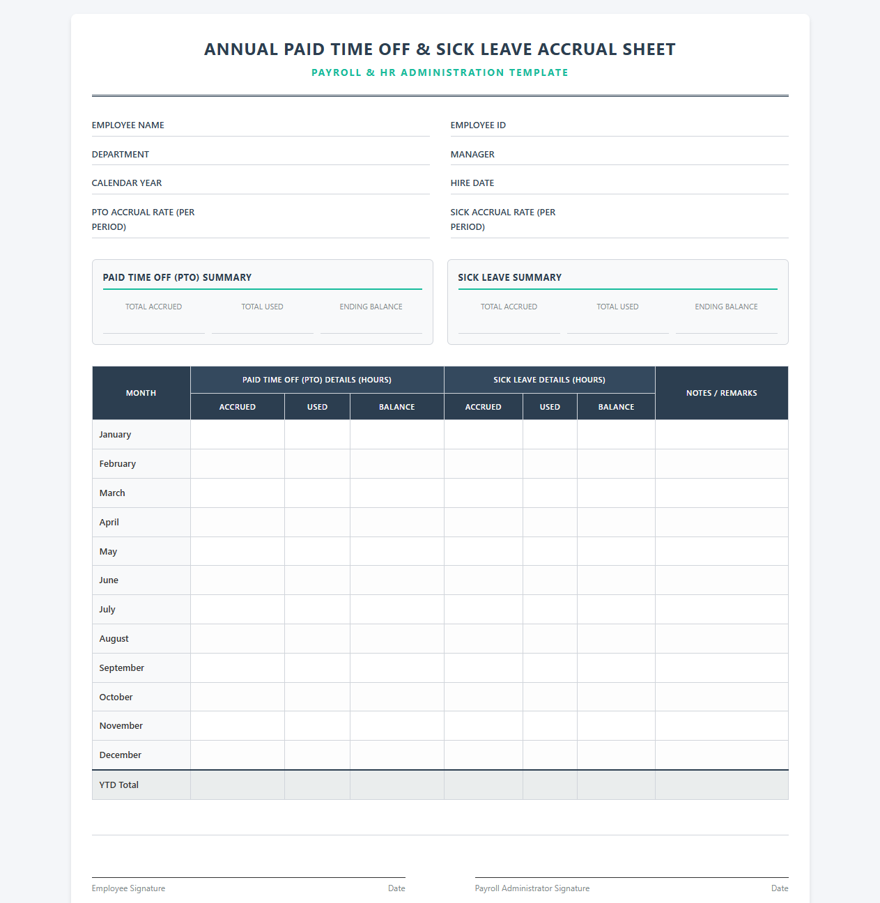 Annual Paid Time Off and Sick Time Accrual Sheet