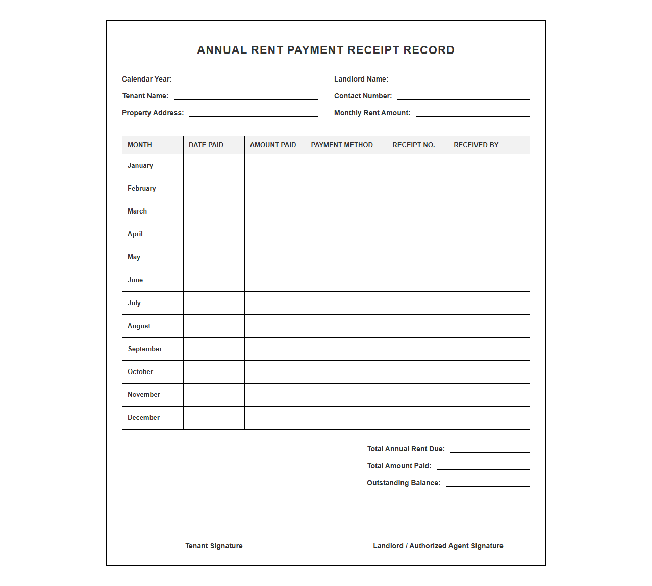 Annual Rent Payment Receipt Record