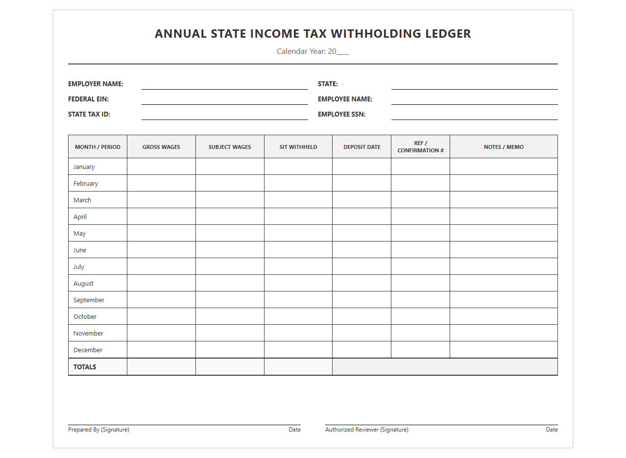 Annual State Income Tax Withholding Ledger