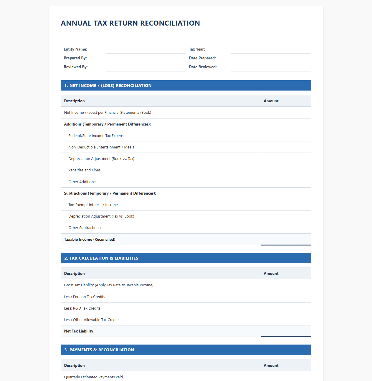 Annual Tax Return Reconciliation Template