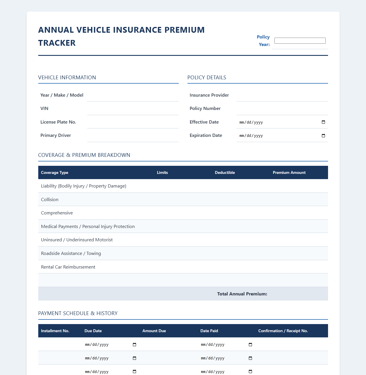 Annual Vehicle Insurance Premium Tracker